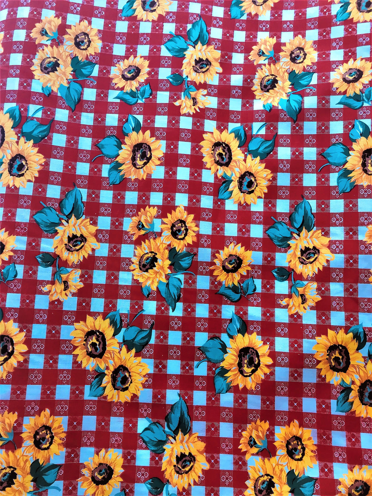 Sunflower Checkered Red Polyester Cotton Fabric - Red Checkered Floral Print, 59/60" Width (1 Yard)