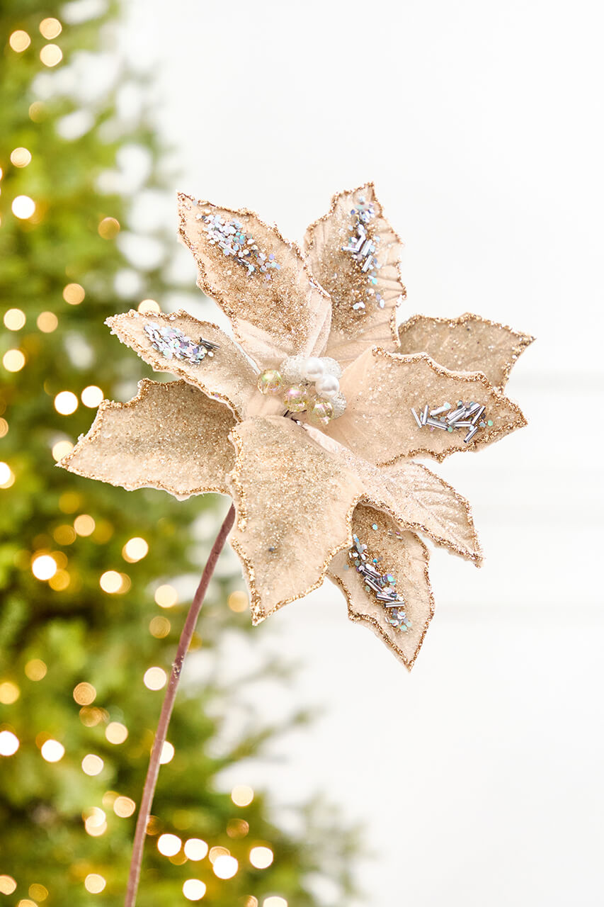 19" x 12" Taupe & Platinum Poinsettia Stem
