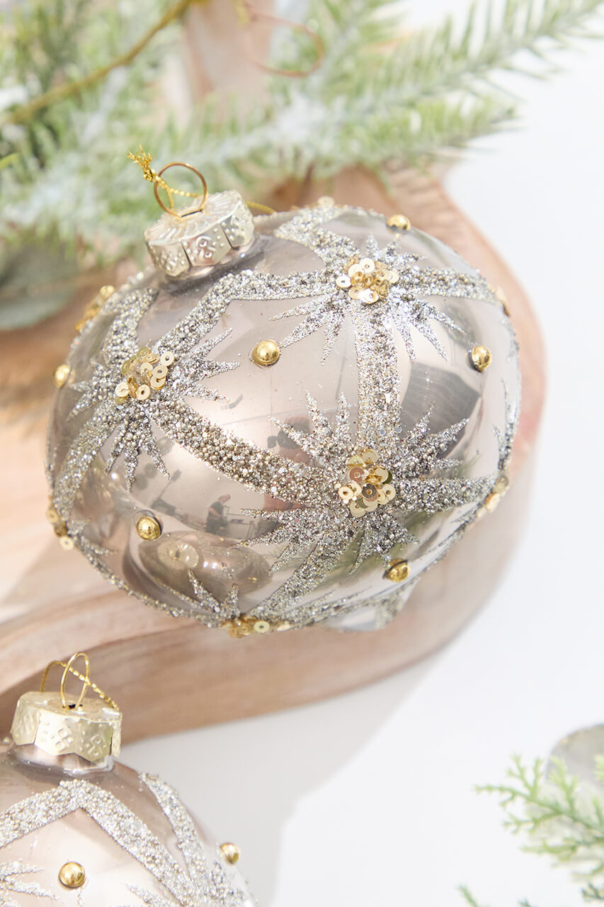 4" Metallic Taupe & Glitter Glass Ornament
