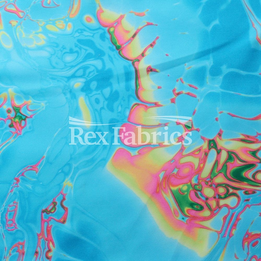 Vapor Wave Polyester Spandex Fabric - Teal, Fuchsia, Purple/Green, Orange Marble Pattern, 58/60" Width (1 Yard)