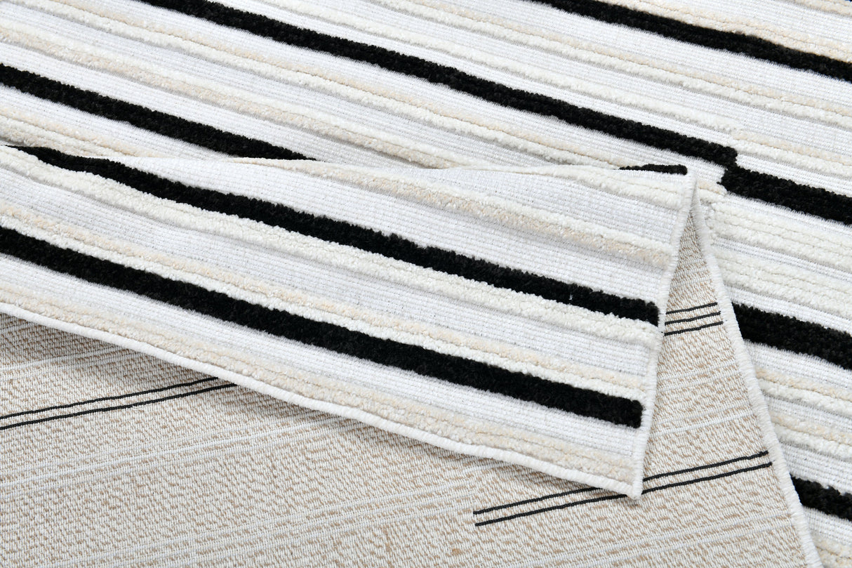 TIA 102 Microfiber Chenille Area Rug Fabric - Soft Cream, Black/Neutral Striped Bohemian Motif, High-Low 3D Detail (1 Rug)