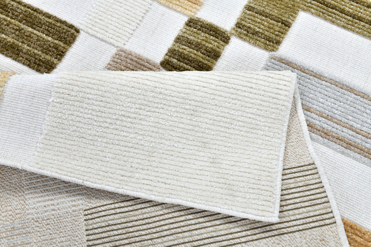 TIA 103 Microfiber Chenille Area Rug - Cream Boho High-Low Texture, Mustard Green Beige (5' 3" X 7' 6" / 1 Rug)