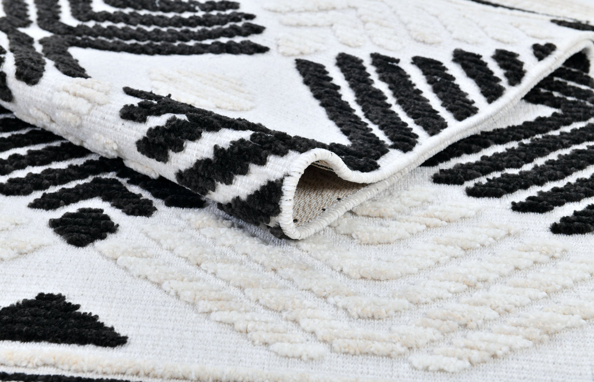 TIA 107 Microfiber Chenille Area Rug - Soft Cream, Beige Tones, Bohemian Black & Brown High-Low Motif (Anthracite)