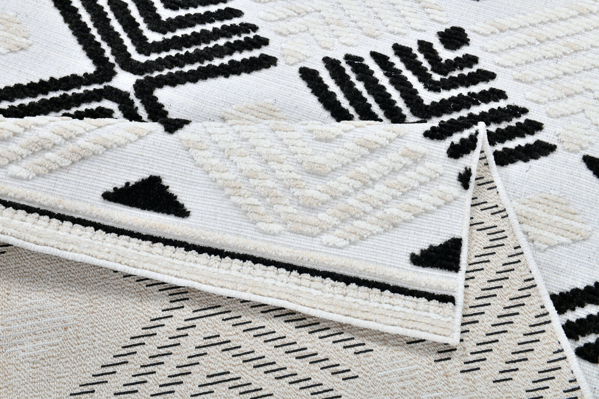 TIA 107 Microfiber Chenille Area Rug - Soft Cream, Beige Tones, Bohemian Black & Brown High-Low Motif (Anthracite)