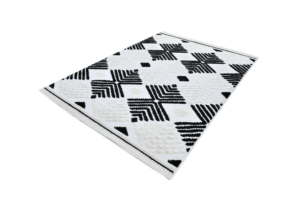 TIA 107 Microfiber Chenille Area Rug - Soft Cream, Beige Tones, Bohemian Black & Brown High-Low Motif (Anthracite)