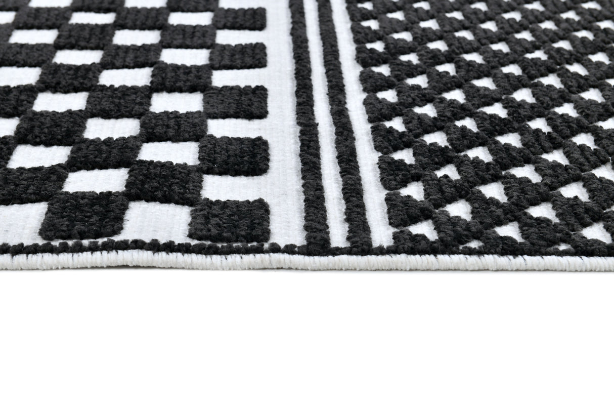TIA 108 Microfiber Chenille Area Rug - Black Geometric Pattern, Raised High-Low Detail, Anthracite (3 Sizes)