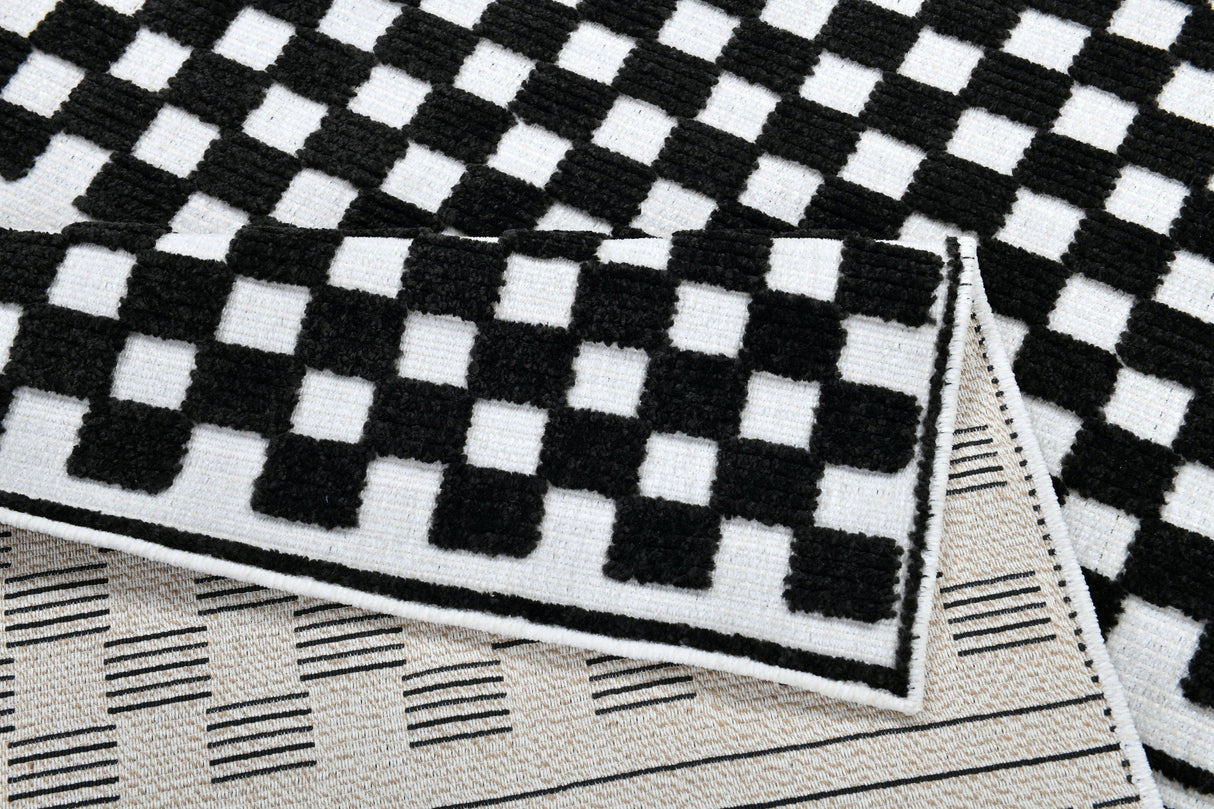 TIA 108 Microfiber Chenille Area Rug - Black Geometric Pattern, Raised High-Low Detail, Anthracite (3 Sizes)