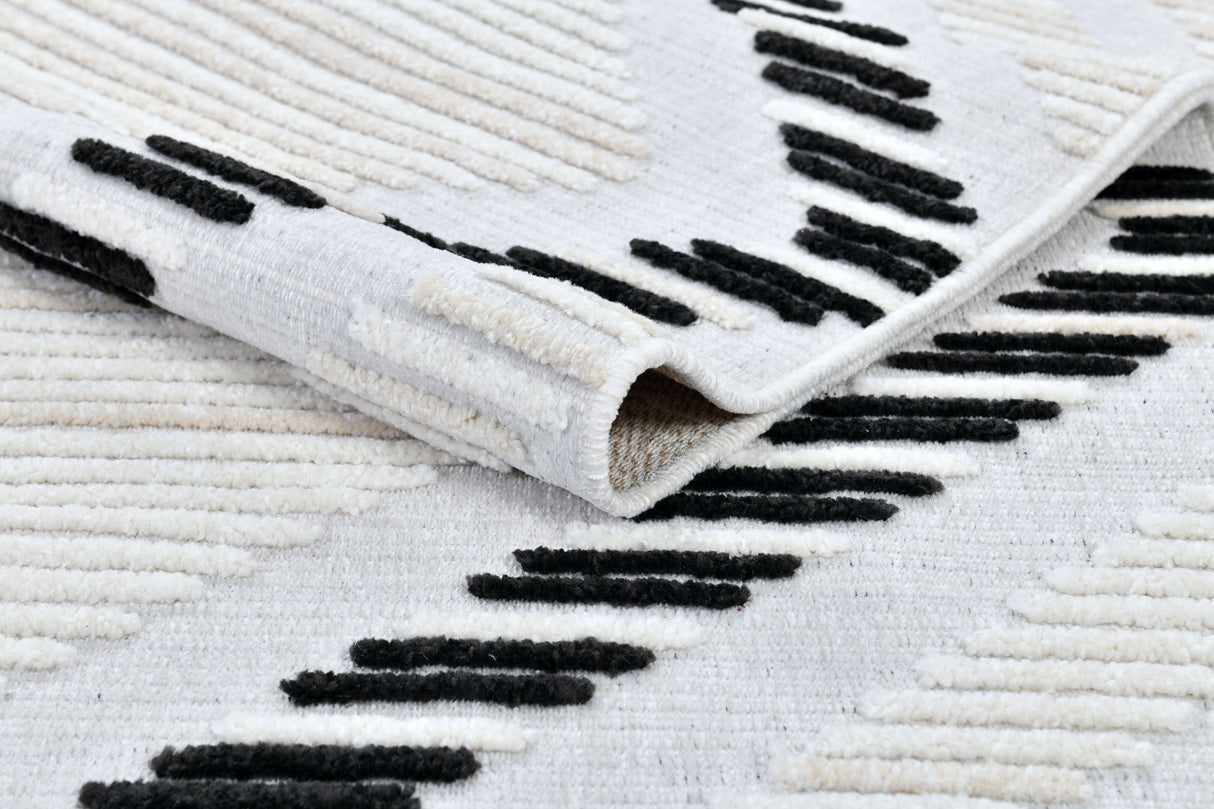 TIA 109 Microfiber Chenille Area Rug Fabric - Soft Cream, Black/Beige Bohemian Motif, High-Low Detail (1 Rug)