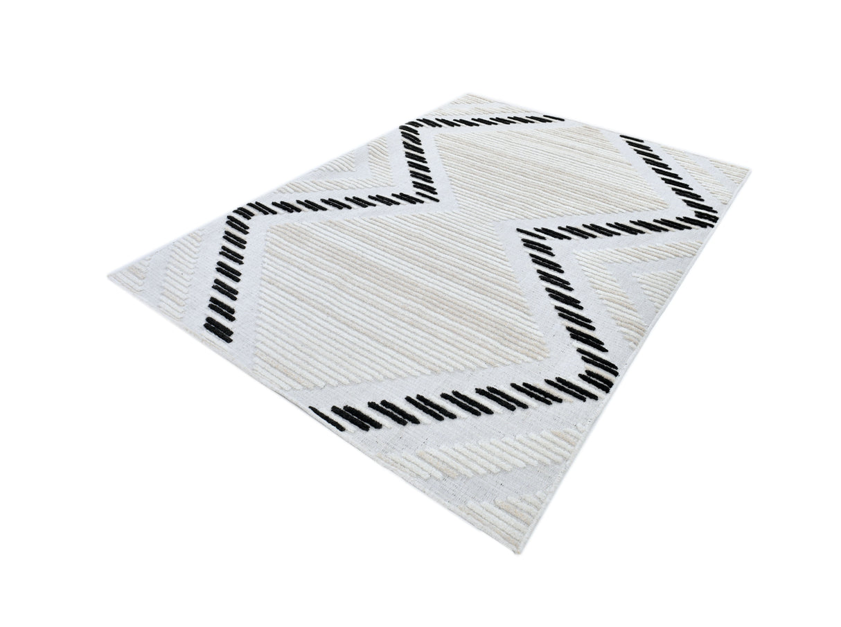 TIA 109 Microfiber Chenille Area Rug Fabric - Soft Cream, Black/Beige Bohemian Motif, High-Low Detail (1 Rug)