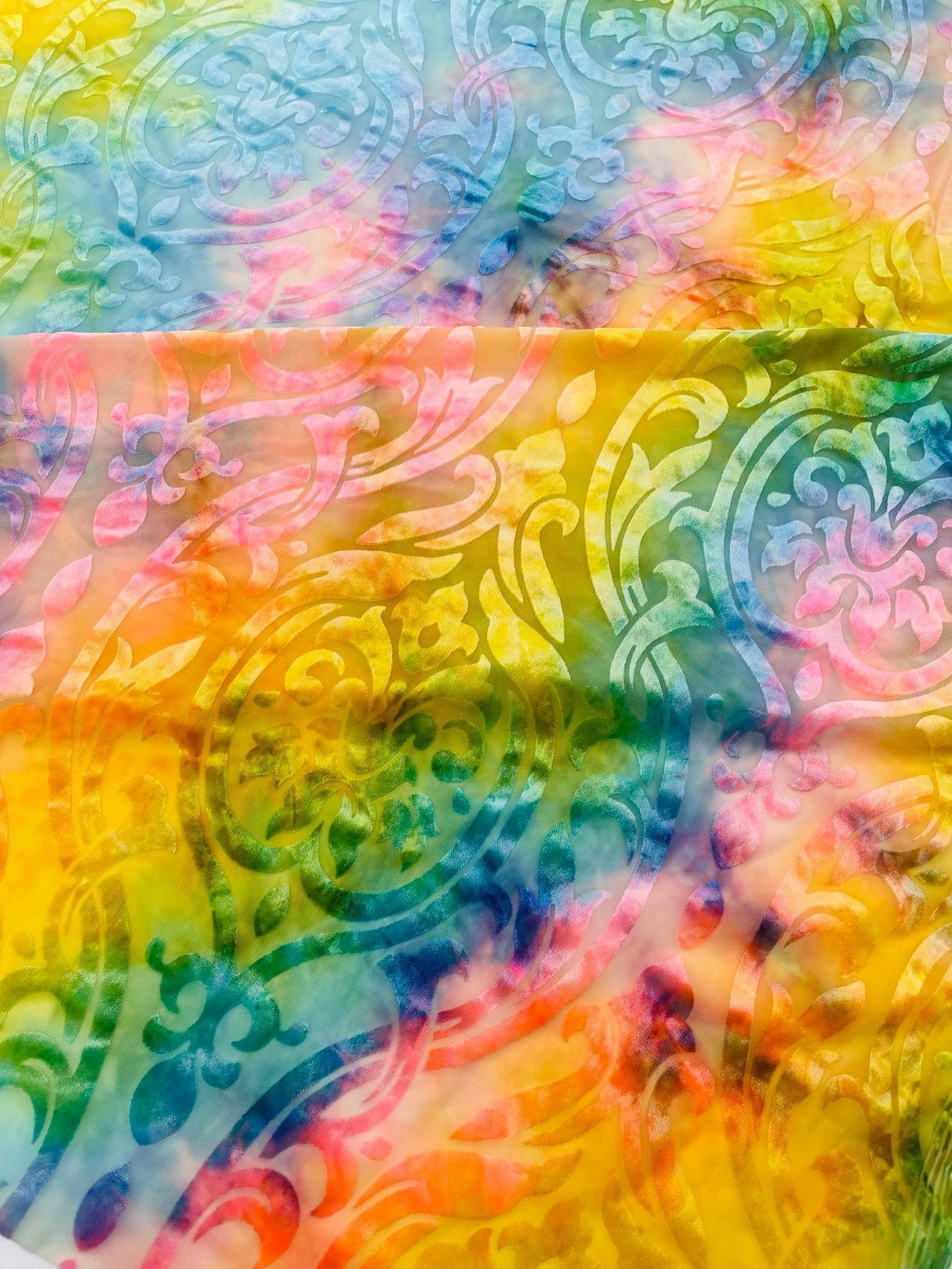 Tie Dye Damask Burnt Out Stretch Velvet Fabric - Tie Dye Damask, 58" Width (1 Yard)