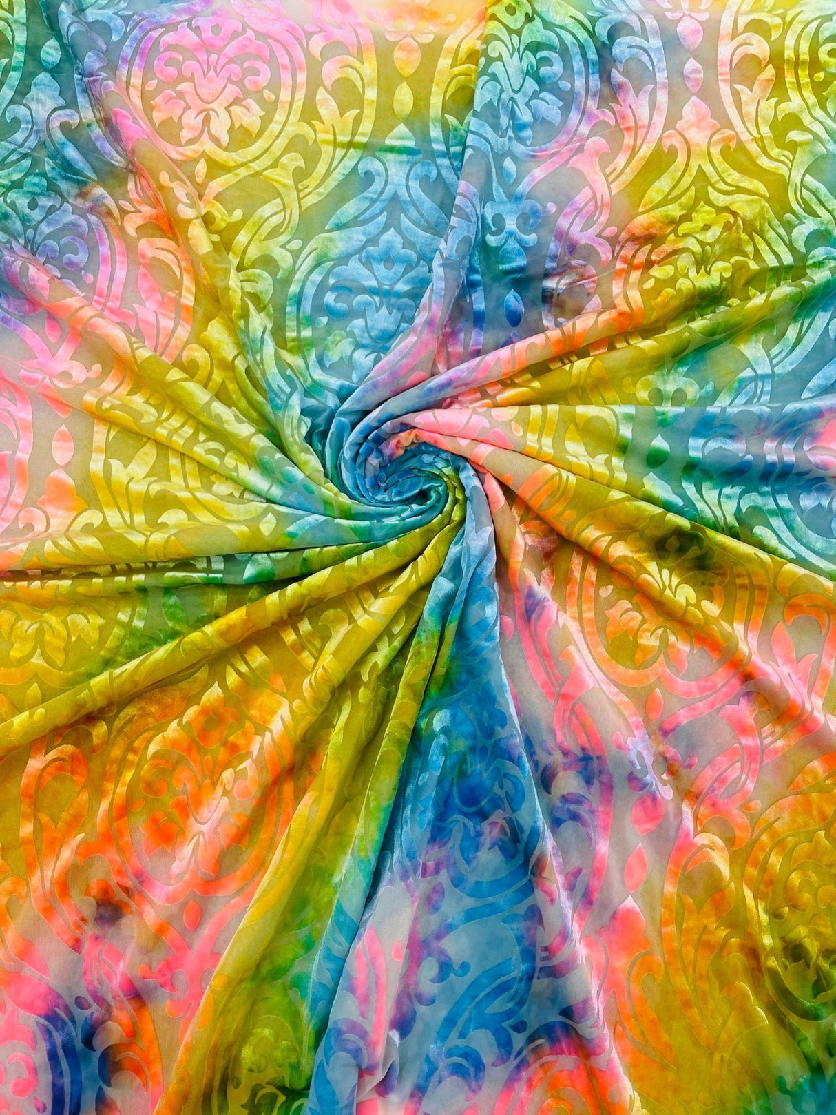 Tie Dye Damask Burnt Out Stretch Velvet Fabric - Tie Dye Damask, 58" Width (1 Yard)
