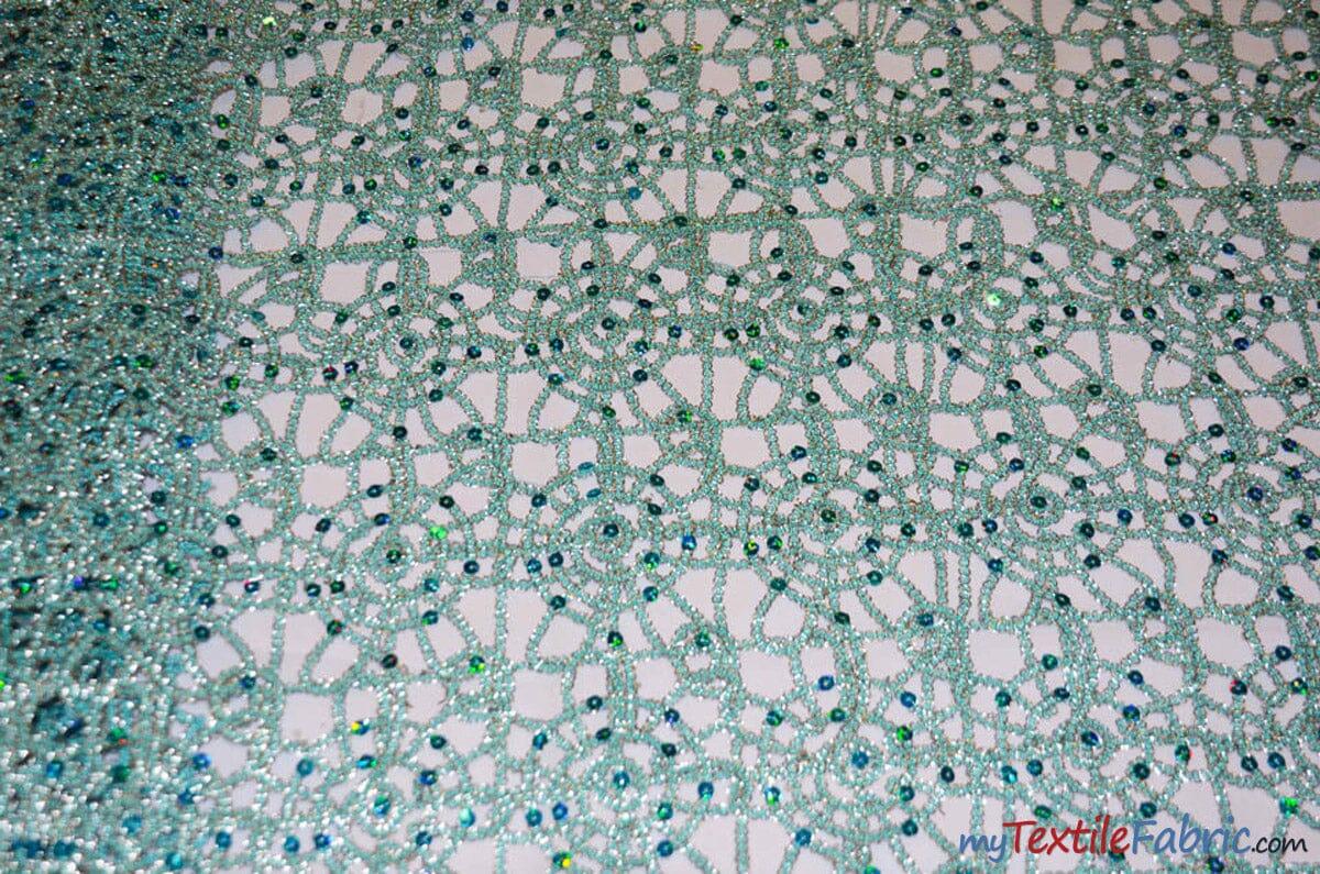 Open Weave Chain Chemical Lace Polyester Fabric - Sheer Metallic Open Work, Sequins Embellished, 50" Width, 10 Colors (1 Yard)