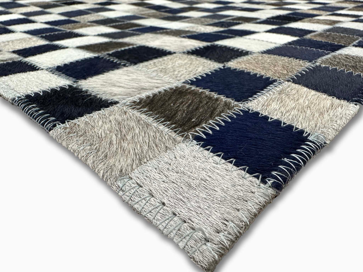 Tikkul Navy Patchwork Cowhide Hairon Leather Fabric - Navy Color Block Design, 5' X 7' (1 Unit)