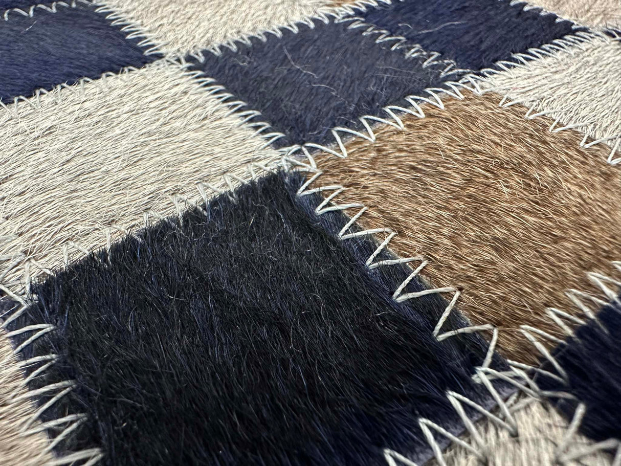 Tikkul Navy Patchwork Cowhide Hairon Leather Fabric - Navy Color Block Design, 5' X 7' (1 Unit)