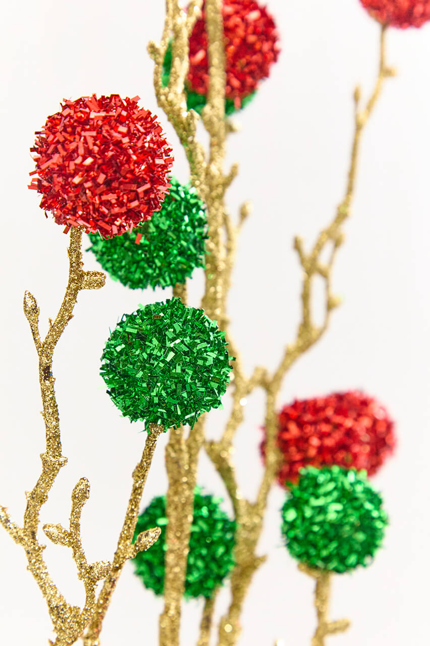 30" Red, Green & Gold Twig Ball Spray