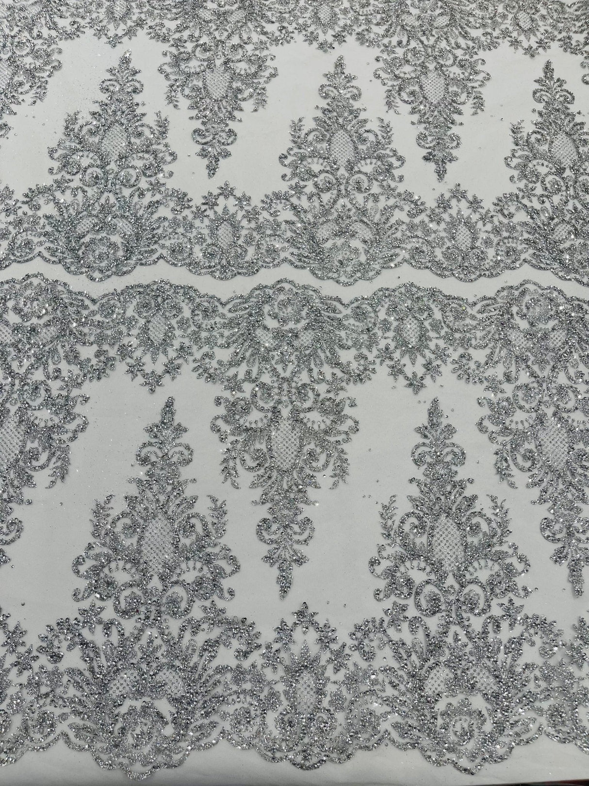 Trim Glitter Damask Design On A Mesh Lace 58" Wide - Polyester Glitter Lace Fabric - Gold, Damask Design, 58" Width (1 Yard)