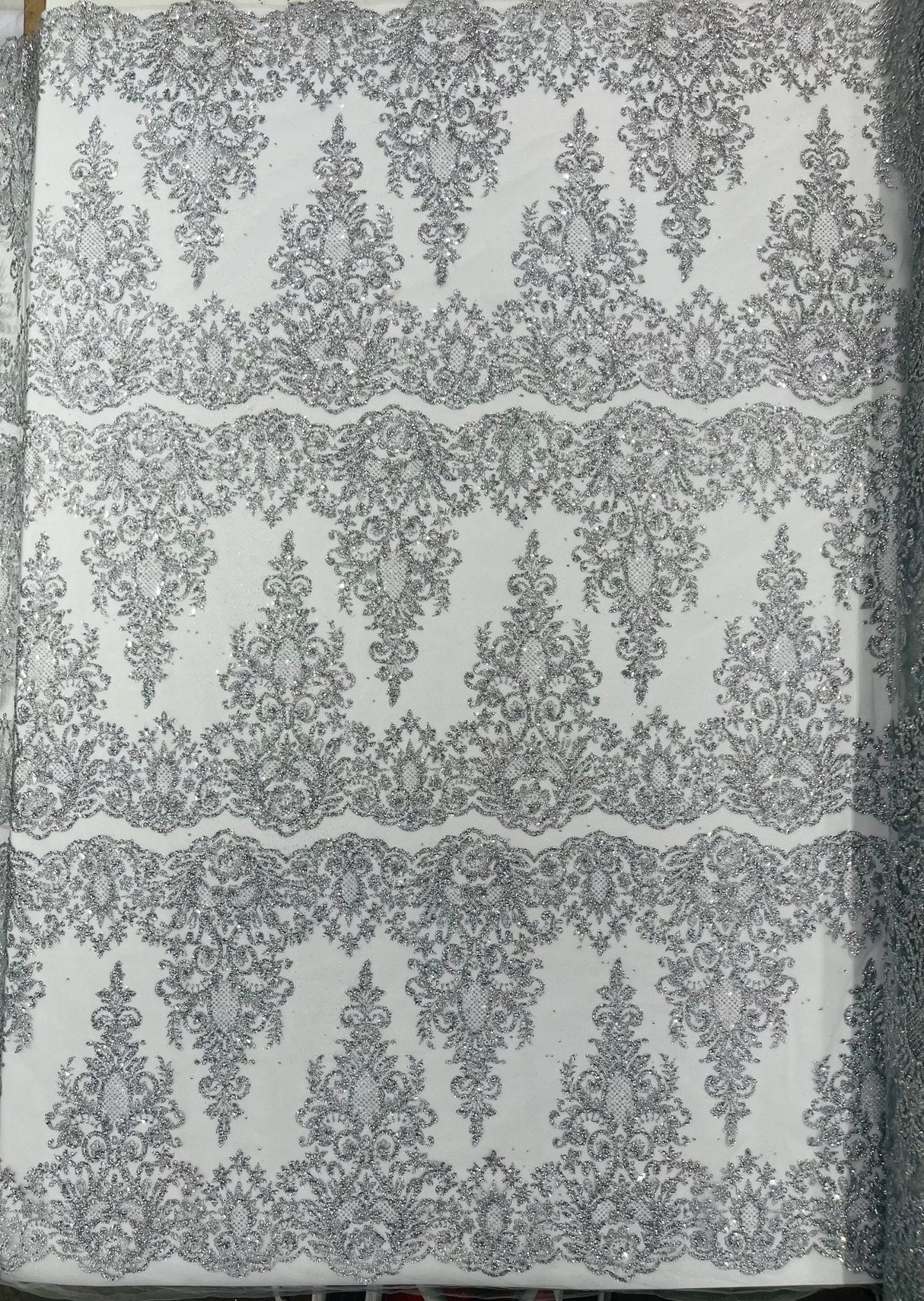Trim Glitter Damask Design On A Mesh Lace 58" Wide - Polyester Glitter Lace Fabric - Gold, Damask Design, 58" Width (1 Yard)