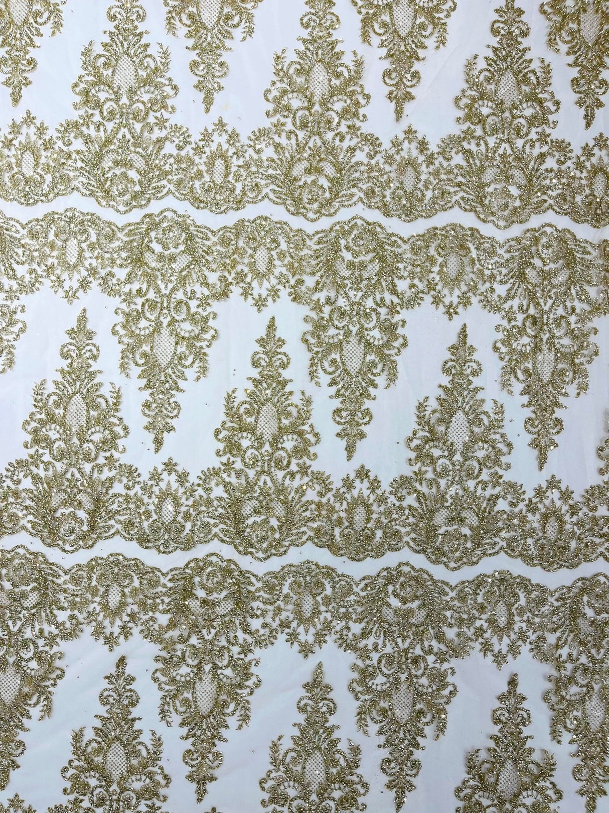 Trim Glitter Damask Design On A Mesh Lace 58" Wide - Polyester Glitter Lace Fabric - Gold, Damask Design, 58" Width (1 Yard)