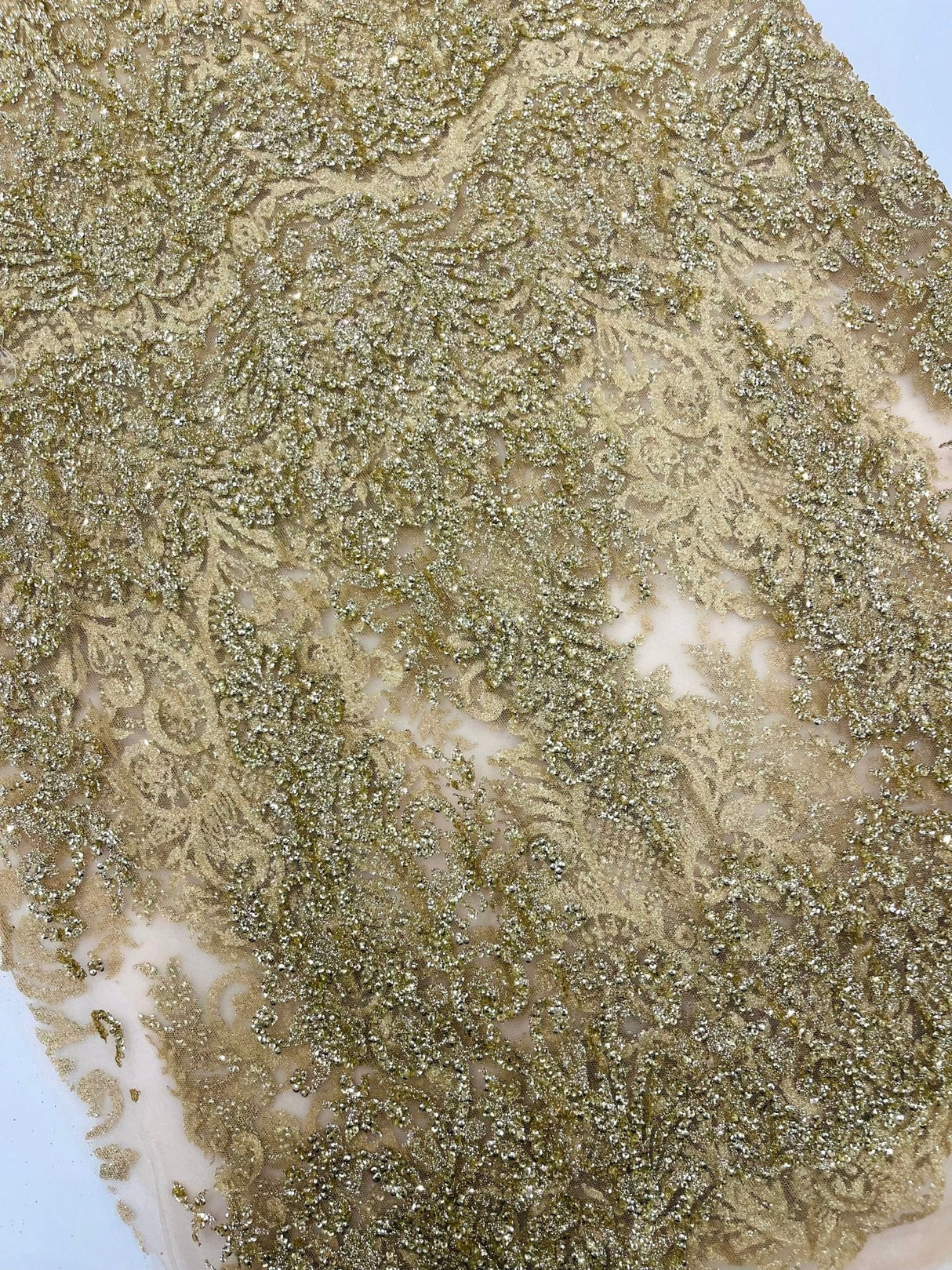 Trim Glitter Damask Design On A Mesh Lace 58" Wide - Polyester Glitter Lace Fabric - Gold, Damask Design, 58" Width (1 Yard)