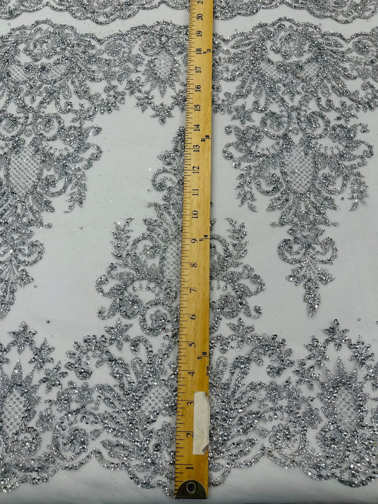 Trim Glitter Damask Design On A Mesh Lace 58" Wide - Polyester Glitter Lace Fabric - Gold, Damask Design, 58" Width (1 Yard)