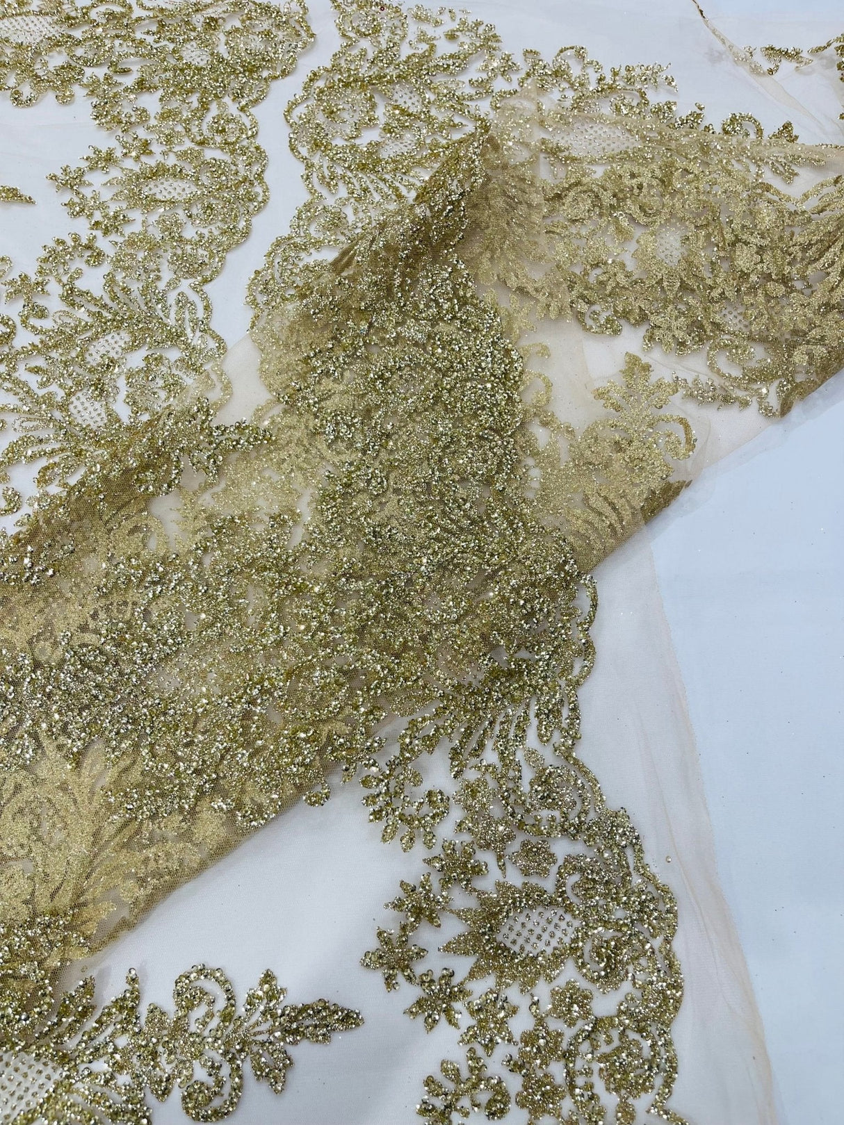 Trim Glitter Damask Design On A Mesh Lace 58" Wide - Polyester Glitter Lace Fabric - Gold, Damask Design, 58" Width (1 Yard)