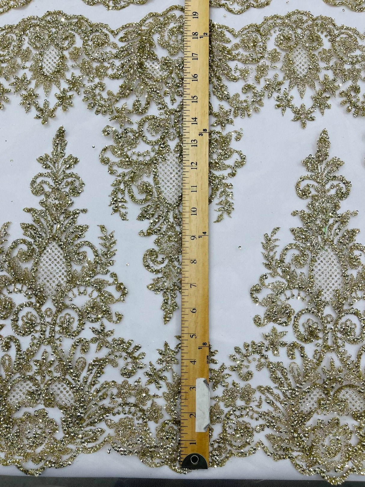 Trim Glitter Damask Design On A Mesh Lace 58" Wide - Polyester Glitter Lace Fabric - Gold, Damask Design, 58" Width (1 Yard)
