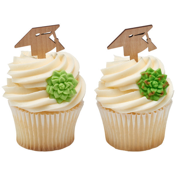 Graduation cap wood style Assortment Cupcake Cake Pics - set of 72