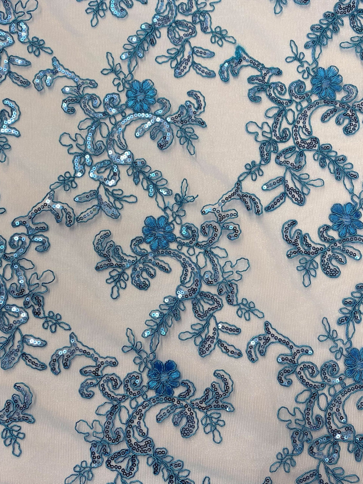 Elena'S Lace Turquoise Polyester Lace Fabric - Turquoise Corded Mesh, Sequins, Double Scalloped Edge, 54" Width (1 Yard)