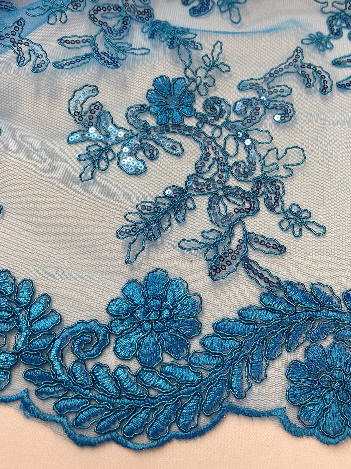 Elena'S Lace Turquoise Polyester Lace Fabric - Turquoise Corded Mesh, Sequins, Double Scalloped Edge, 54" Width (1 Yard)
