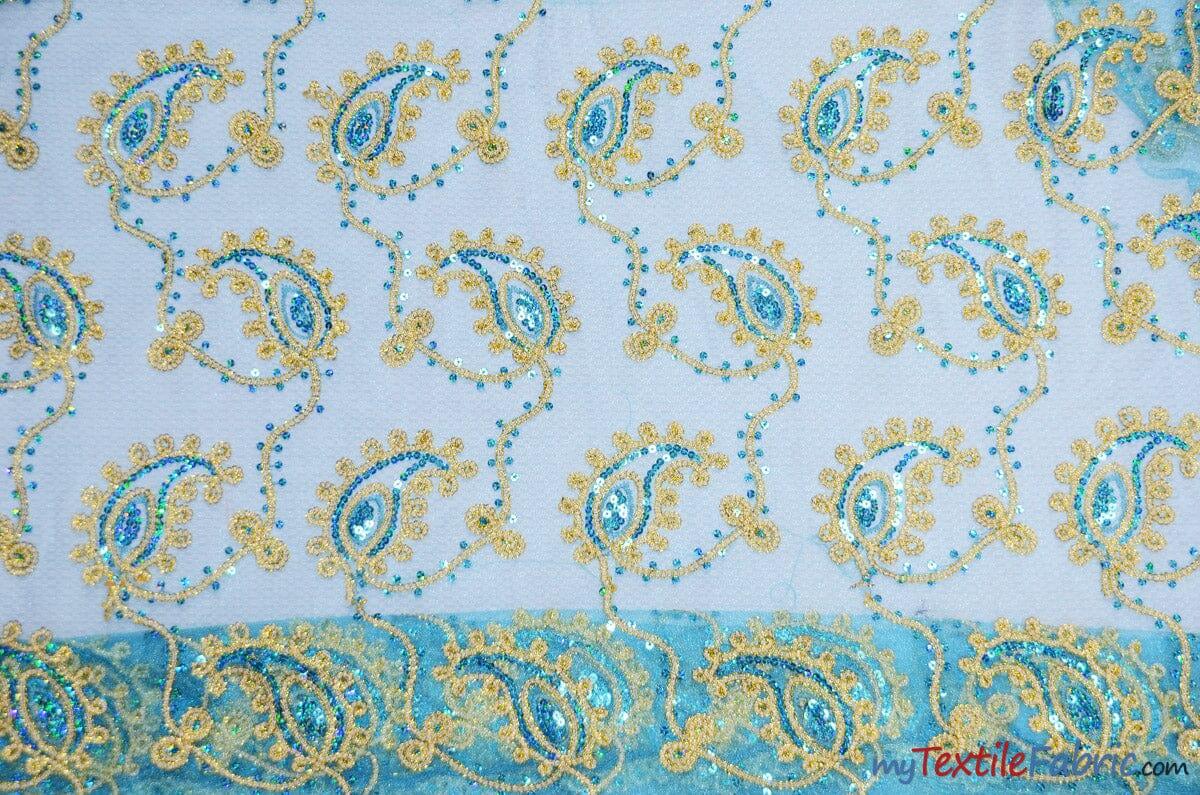 Coco Paisley Polyester Fabric - Sheer Embroidered Paisley, Double Scallop Lace, 52" Width (1 Yard)