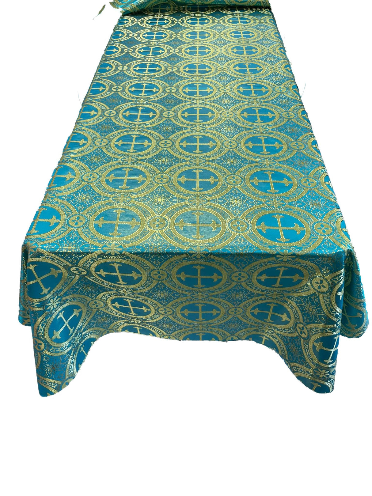 Turquoise/Gold Metallic Cross Brocade Jacquard Satin Fabric - Rectangular, Turquoise/Gold, Metallic Cross Pattern, 60" Width (1 Piece)