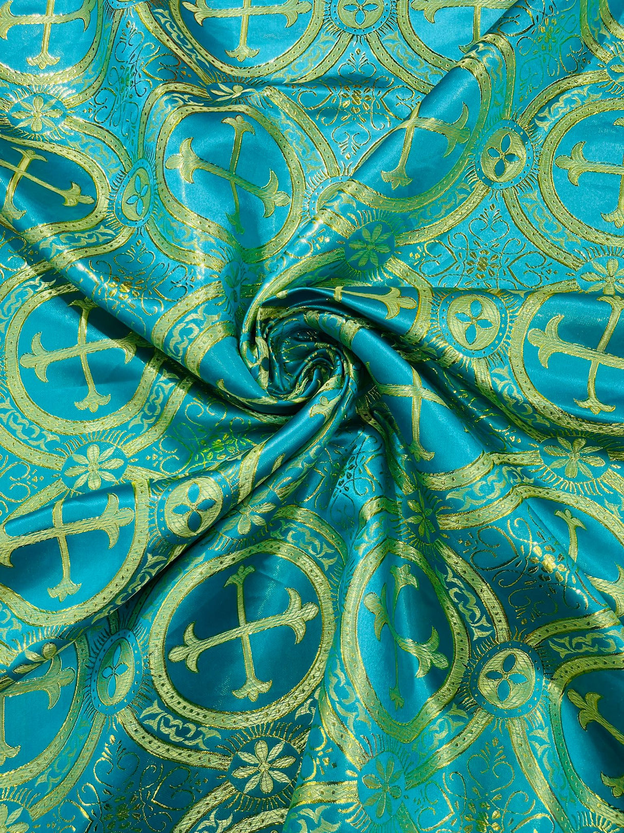 Turquoise/Gold Metallic Cross Brocade Jacquard Satin Fabric - Rectangular, Turquoise/Gold, Metallic Cross Pattern, 60" Width (1 Piece)