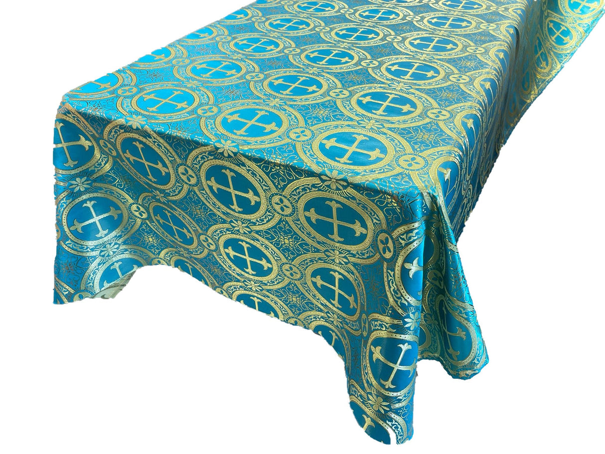 Turquoise/Gold Square Metallic Cross Jacquard Satin Fabric - Turquoise/Gold Metallic Cross Brocade, Square Pattern, 36" To 58" Sizes (1 Piece)