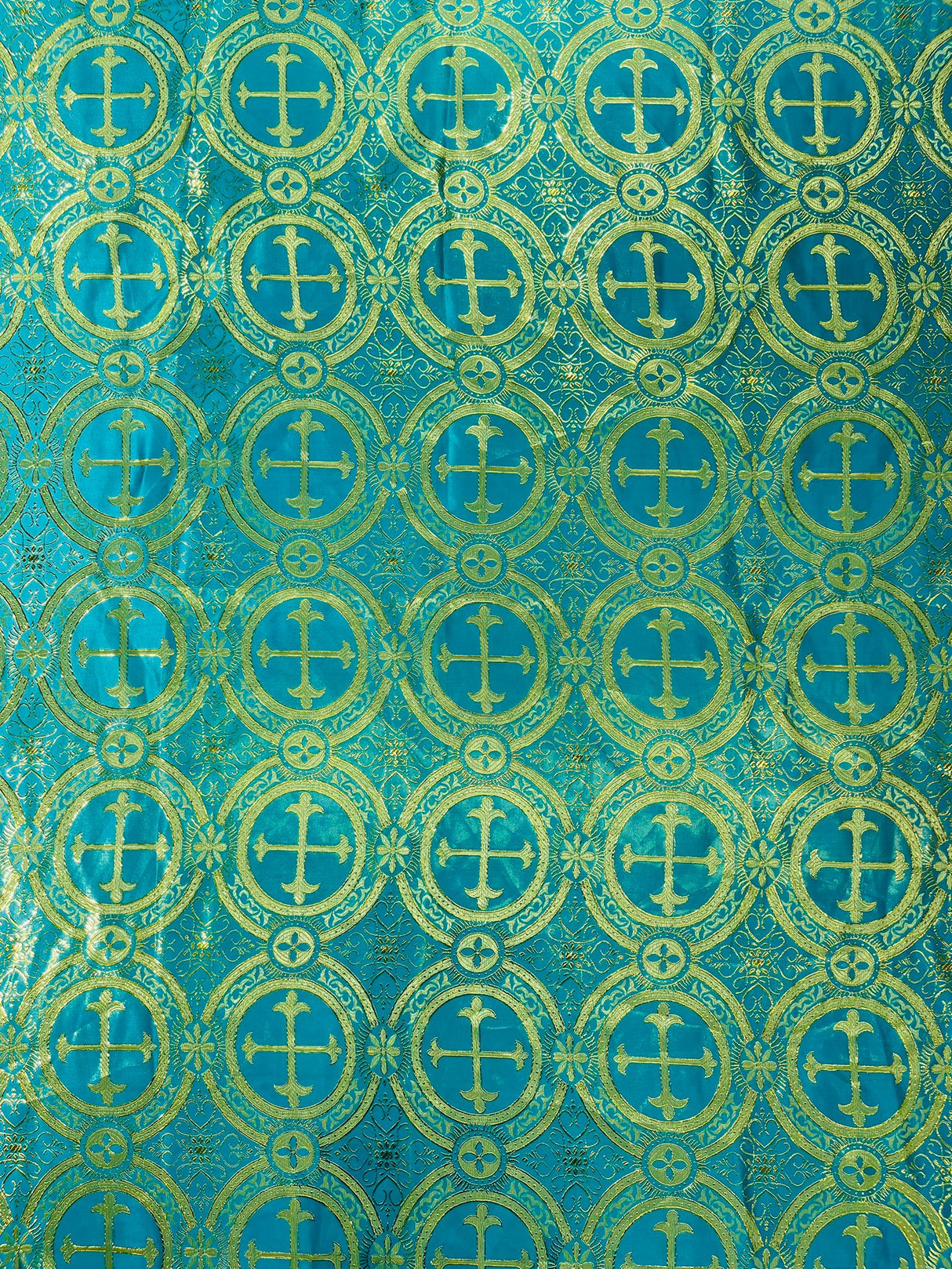 Turquoise/Gold Square Metallic Cross Jacquard Satin Fabric - Turquoise/Gold Metallic Cross Brocade, Square Pattern, 36" To 58" Sizes (1 Piece)