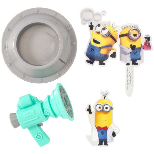 Minions Fart Bubble Blaster Cake Topper, 4 Piece Decoration Set With Working Bubble Wand, Stand, & Kevin, Bob, & Stuart Cake Kit