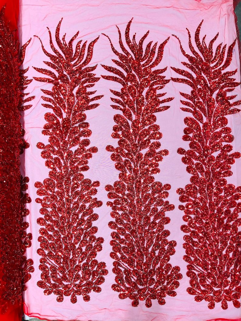 Vegas Beaded Feather Design Mesh Fabric - Beaded Feather Pattern, 50" Width (1 Panel)