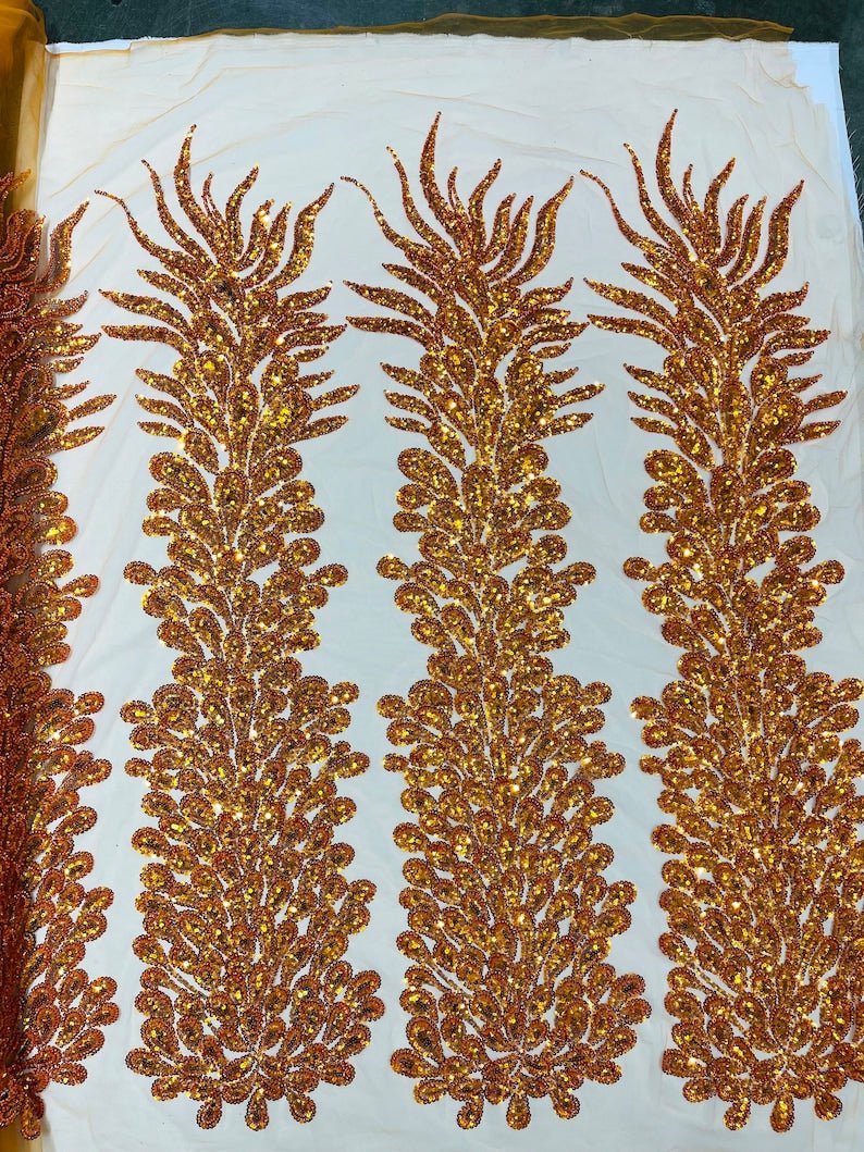 Vegas Beaded Feather Design Mesh Fabric - Beaded Feather Pattern, 50" Width (1 Panel)