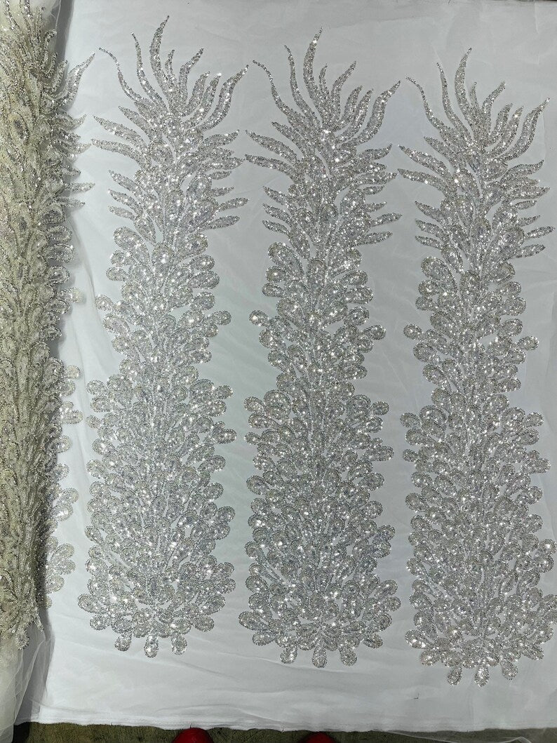Vegas Beaded Feather Design Mesh Fabric - Beaded Feather Pattern, 50" Width (1 Panel)