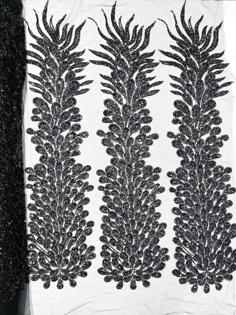 Vegas Beaded Feather Design Mesh Fabric - Beaded Feather Pattern, 50" Width (1 Panel)