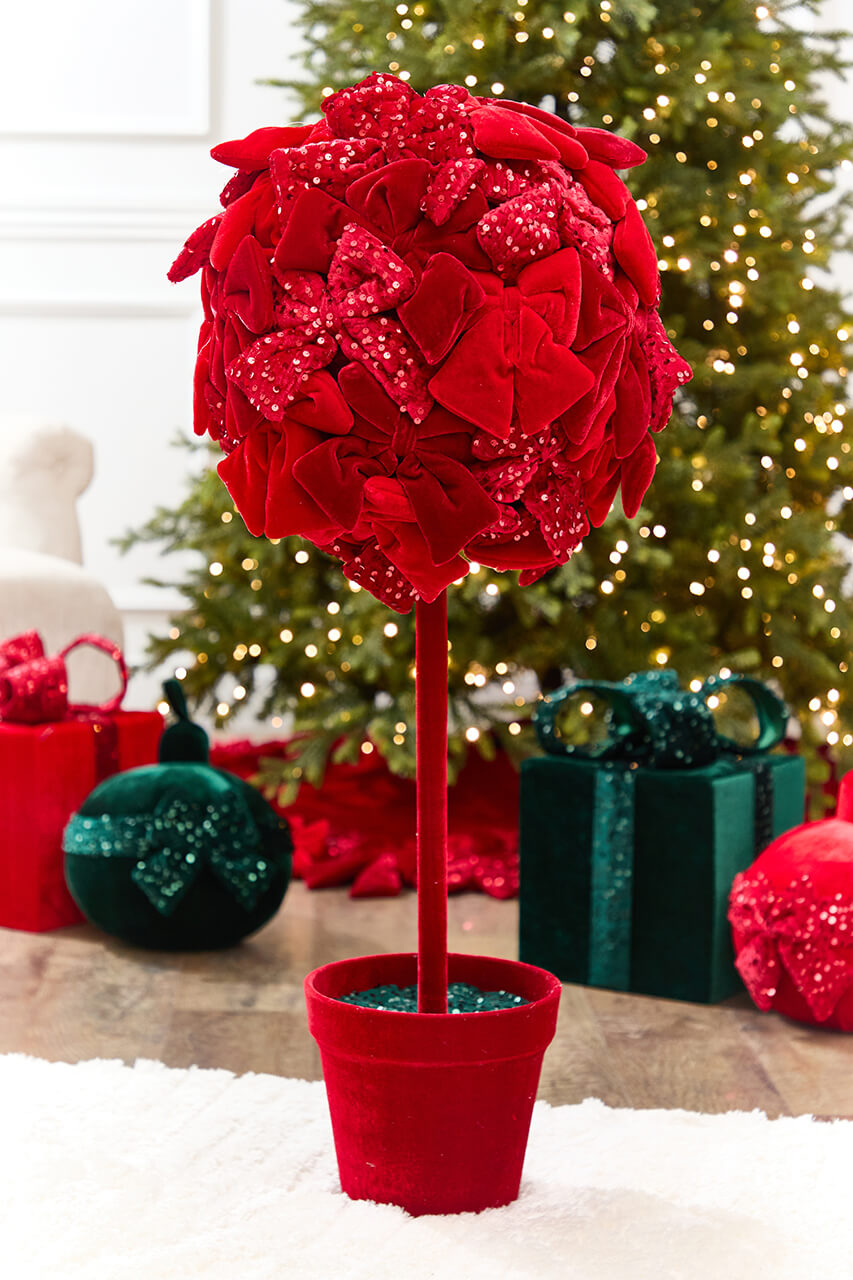 36" Red Velvet Sequin Bow Potted Ball Topiary