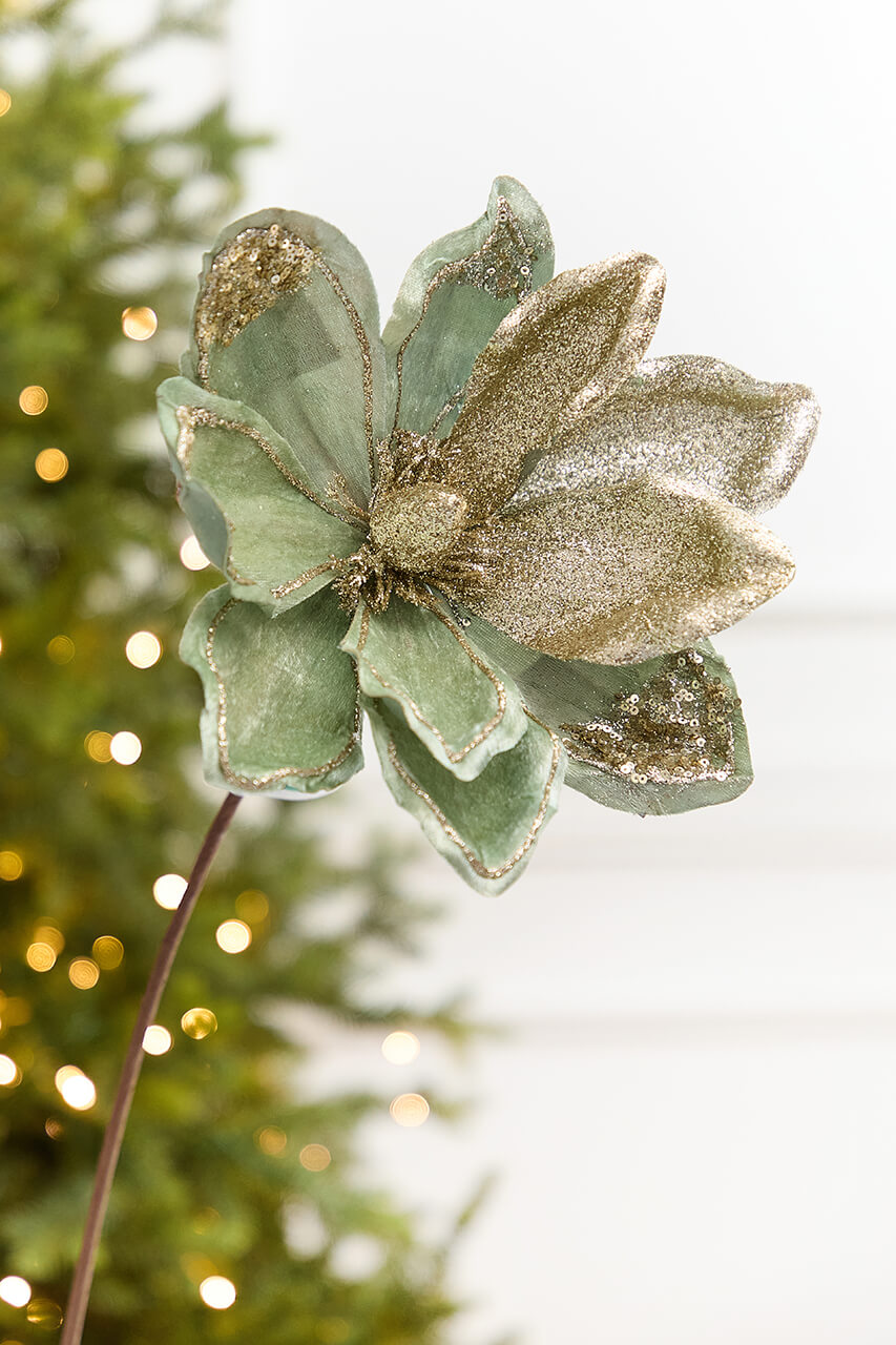 22" x 11" Sage & Platinum Velvet Glitter Magnolia Stem
