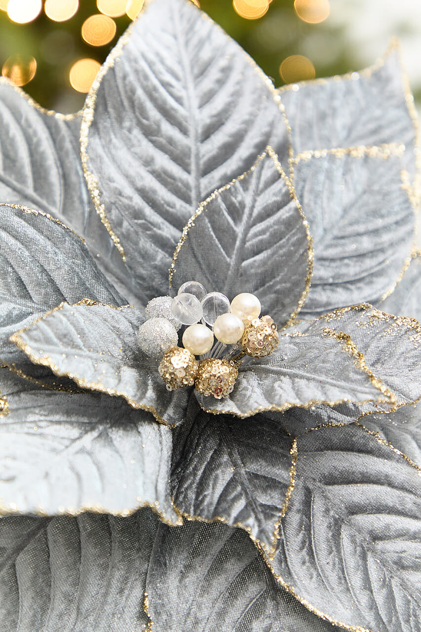 19" x 15" Blue & Grey Velvet Jewel Poinsettia Stem