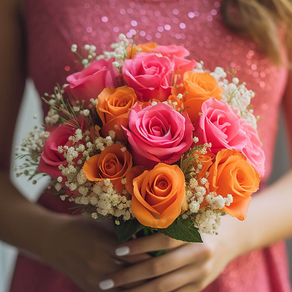 Bridesmaids Hot Pink Orange Rose 3 bouquets with 19 stems each