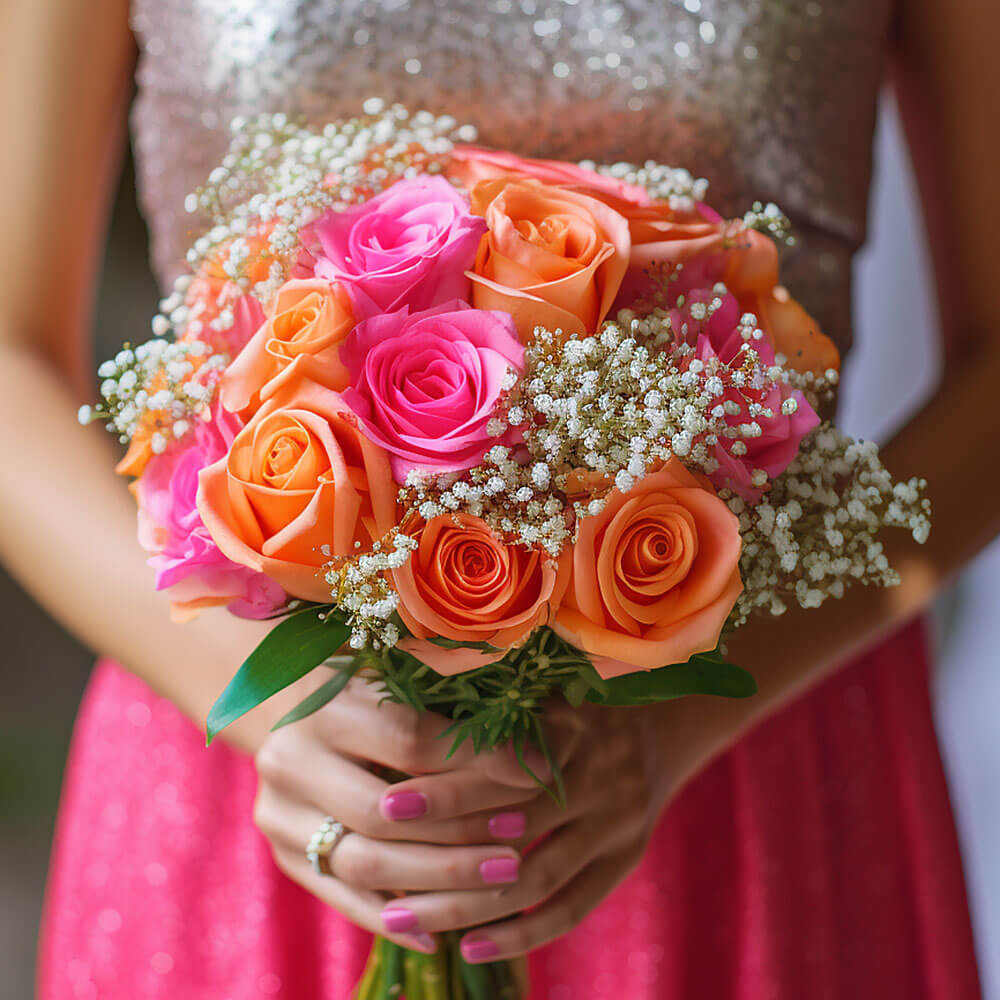 Bridesmaids Hot Pink Orange Rose 3 bouquets with 19 stems each