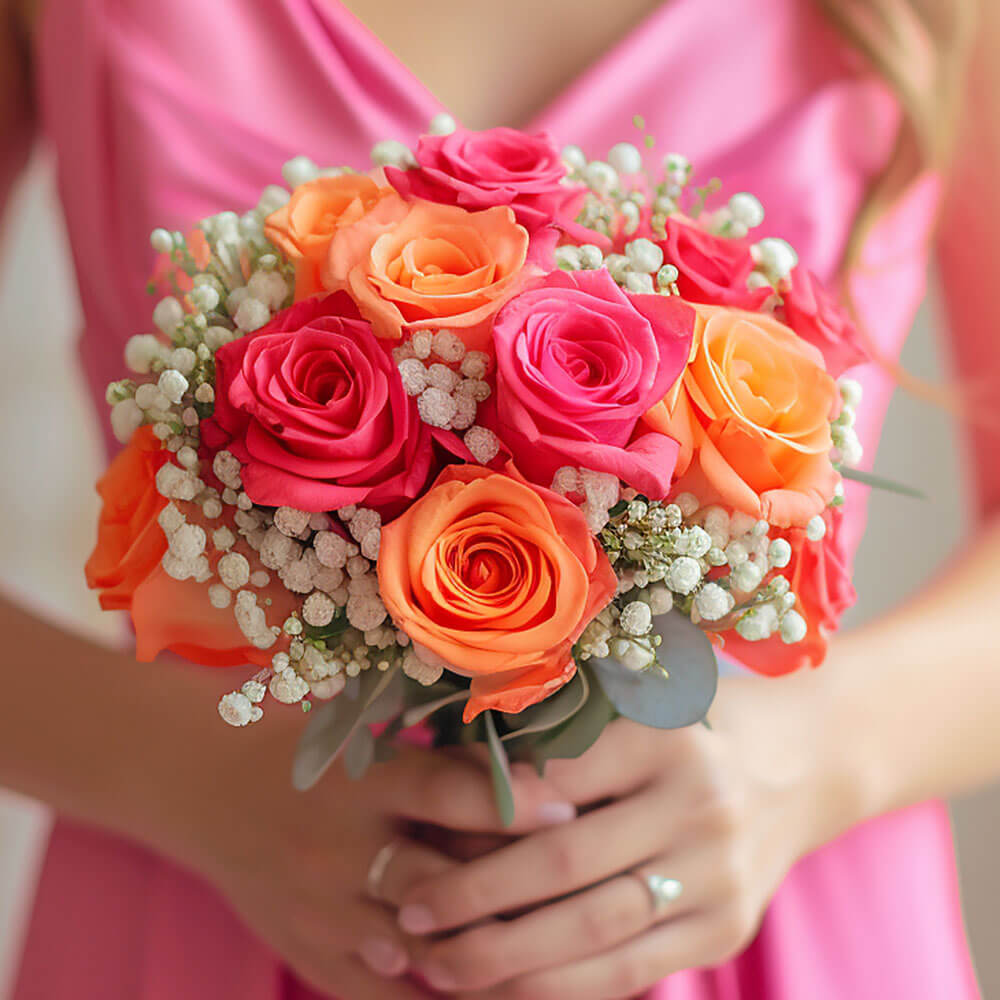 Bridesmaids Hot Pink Orange Rose 3 bouquets with 19 stems each