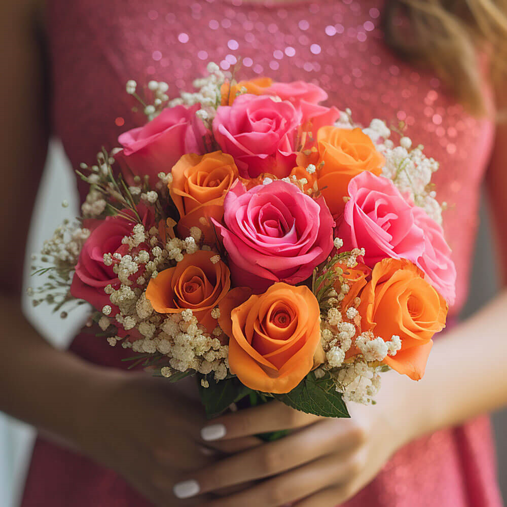 Bridesmaids Hot Pink Orange Rose 3 bouquets with 19 stems each