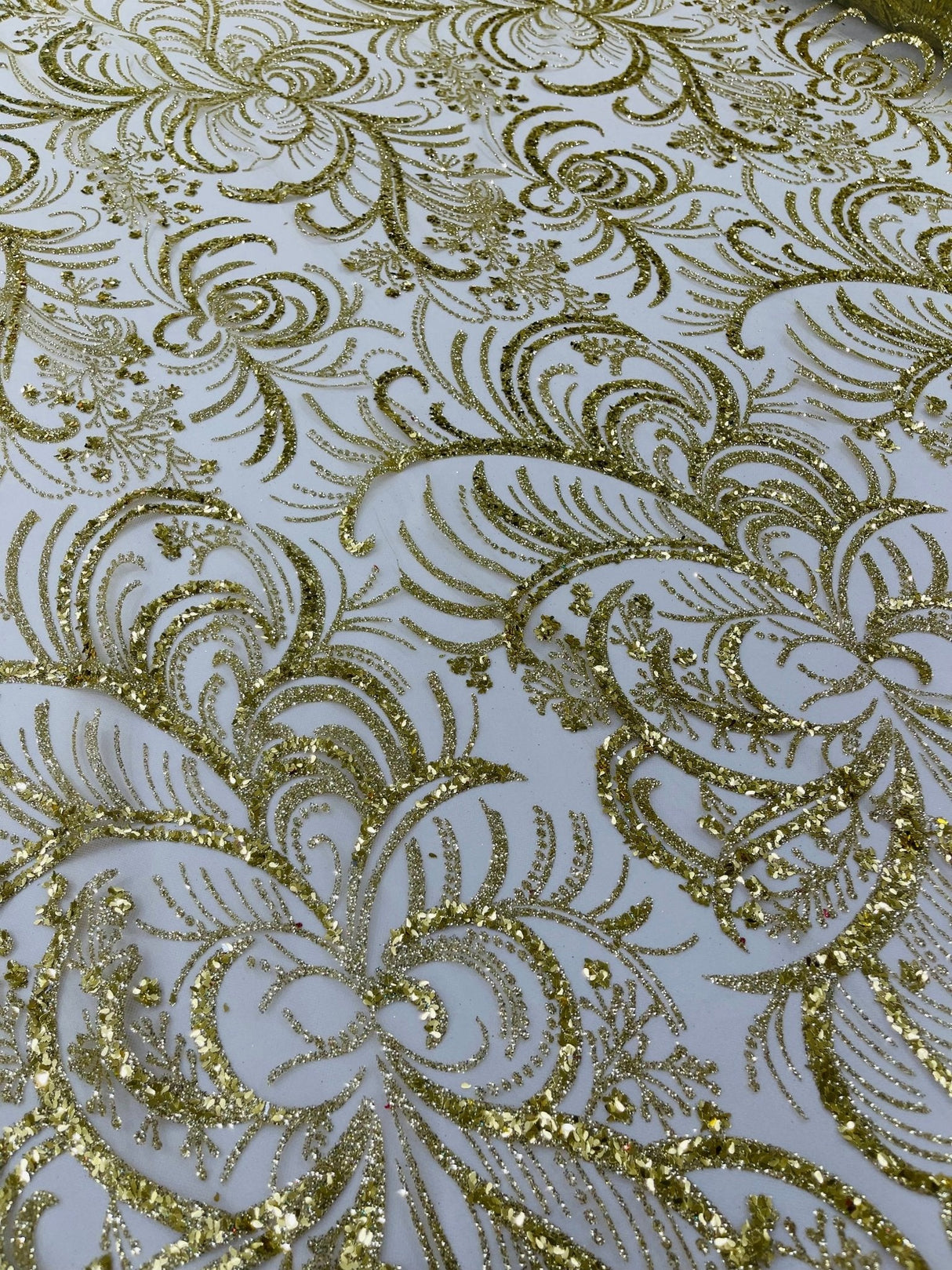 Palm Vine Glitter Design On A Mesh Lace Fabric - Hunter Green, Gold, Silver/White, Red, 54" Width (1 Yard)