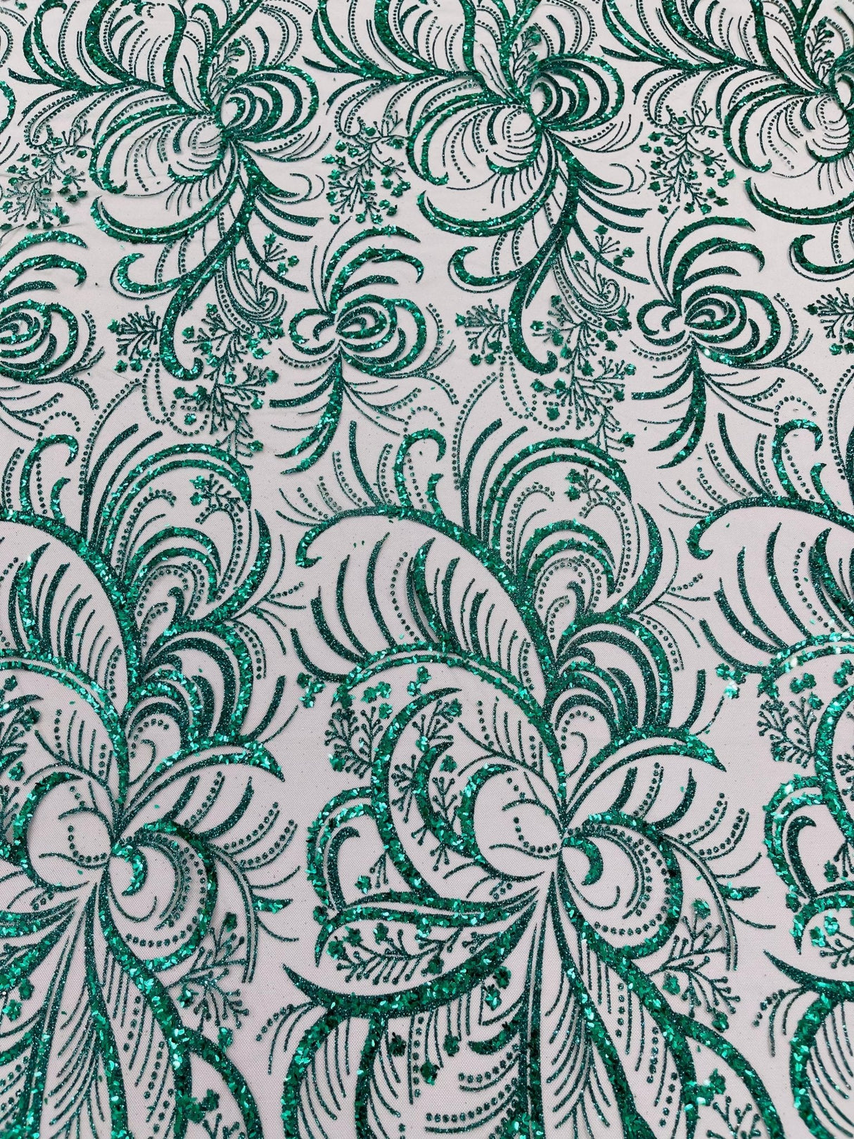 Palm Vine Glitter Design On A Mesh Lace Fabric - Hunter Green, Gold, Silver/White, Red, 54" Width (1 Yard)