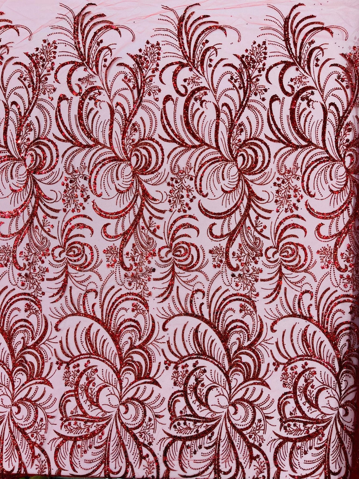 Palm Vine Glitter Design On A Mesh Lace Fabric - Hunter Green, Gold, Silver/White, Red, 54" Width (1 Yard)