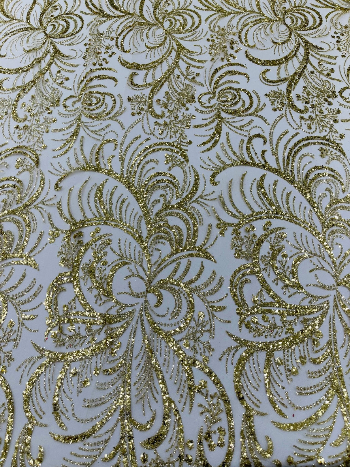 Palm Vine Glitter Design On A Mesh Lace Fabric - Hunter Green, Gold, Silver/White, Red, 54" Width (1 Yard)